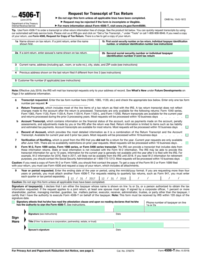Form 4506 T screenshot