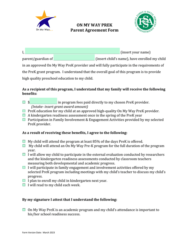ON MY WAY PREK Parent Agreement Form screenshot