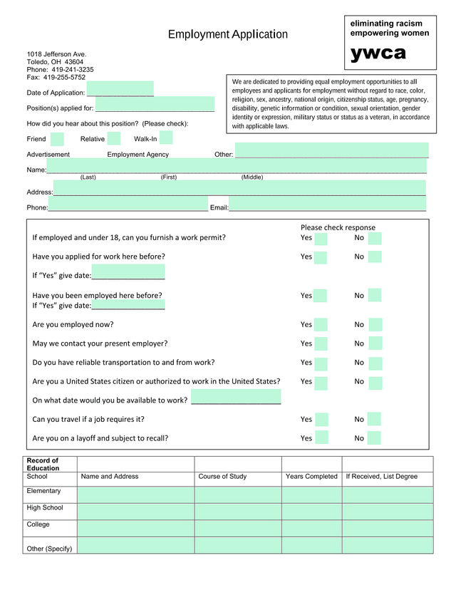 Employment Application screenshot