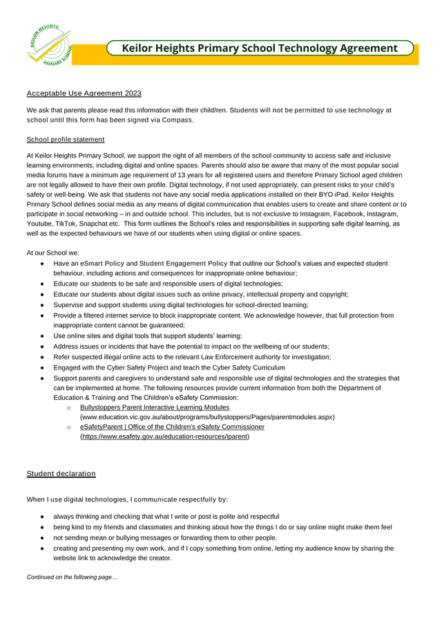 Keilor Heights Primary School Technology Agreement screenshot