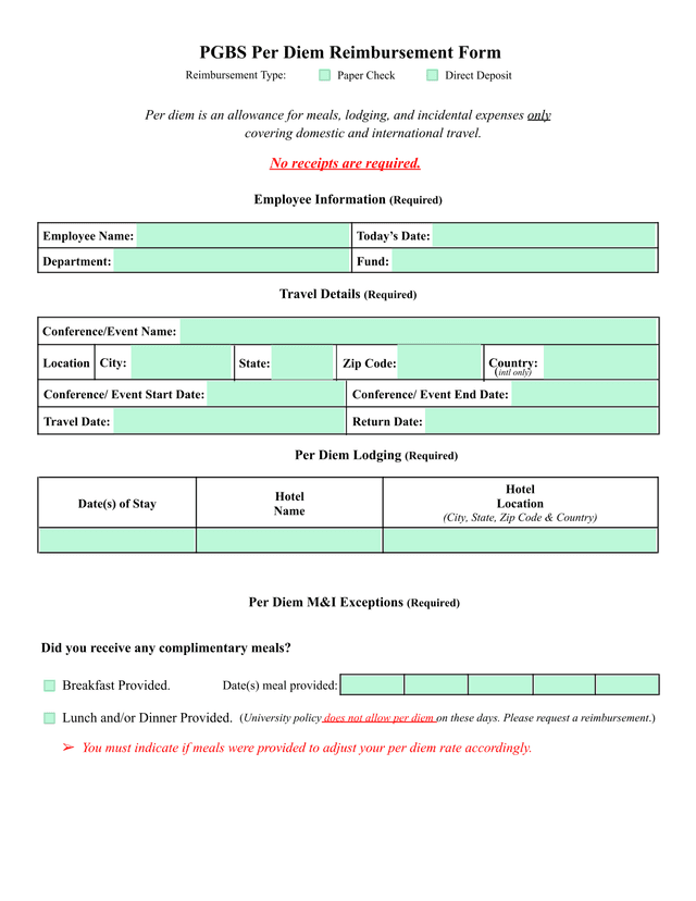 PGBS Per Diem Reimbursement Form screenshot