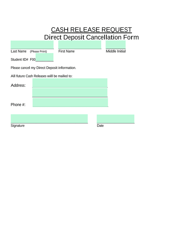 Cash Release Request Direct Deposit Cancellation Form screenshot