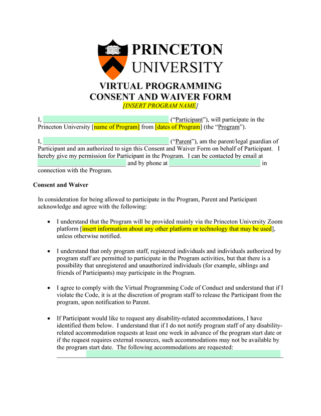 Virtual Programming Consent And Waiver Form screenshot