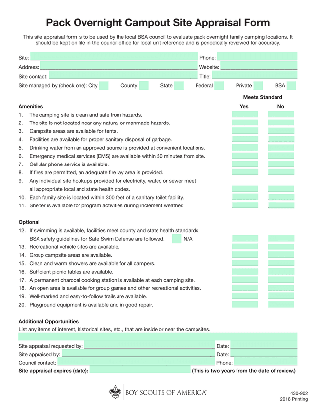Pack Overnight Campout Site Appraisal Form screenshot