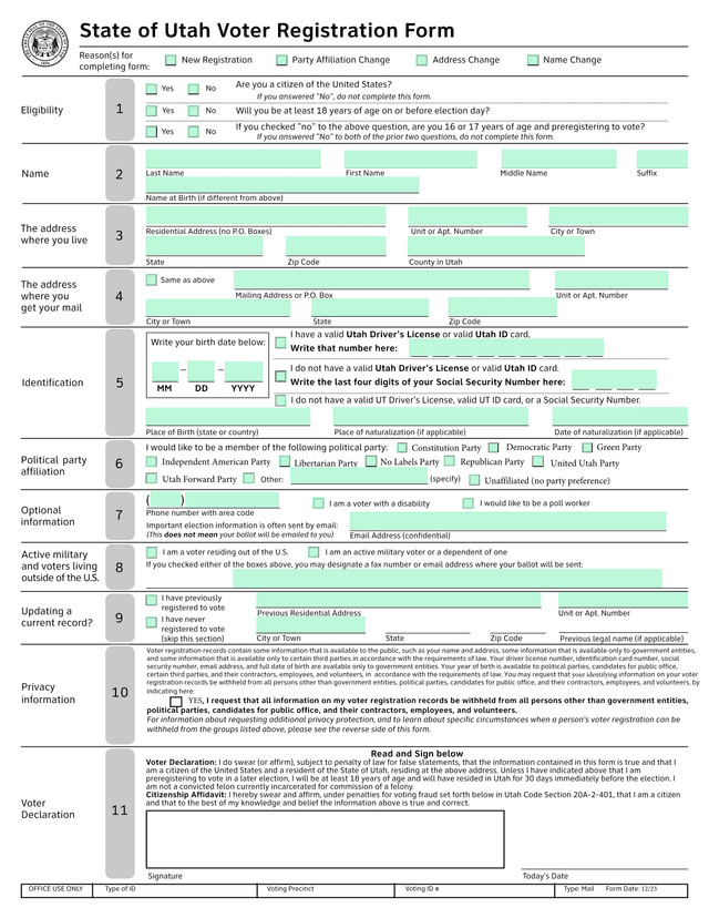 State Of Utah Voter Registration Form screenshot