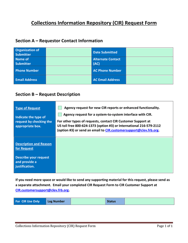 Collections Information Repository (CIR) Request Form screenshot