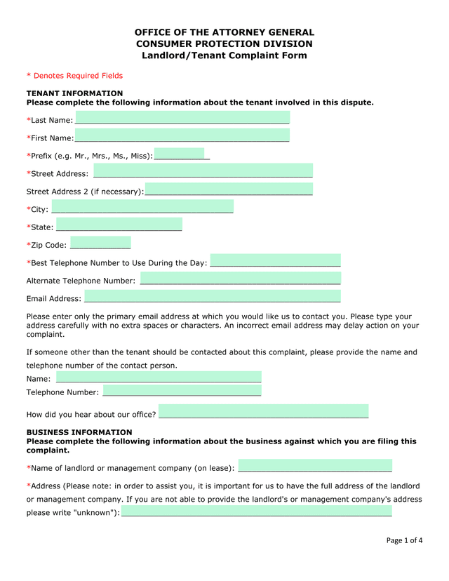 LandlordTenant Complaint Form screenshot