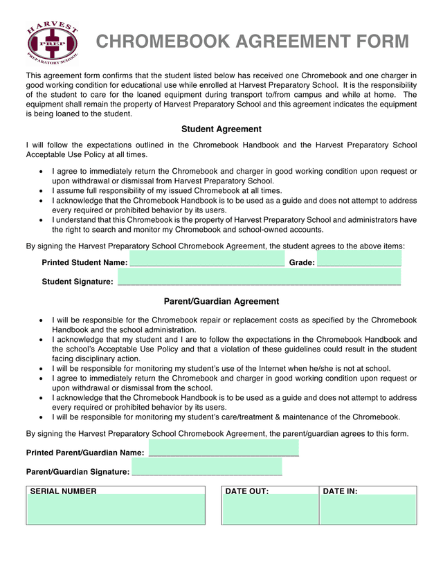 Harvest Preparatory School Chromebook Agreement screenshot