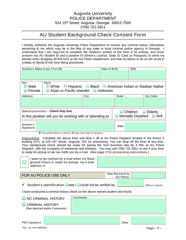 AU Student Background Check Consent Form screenshot