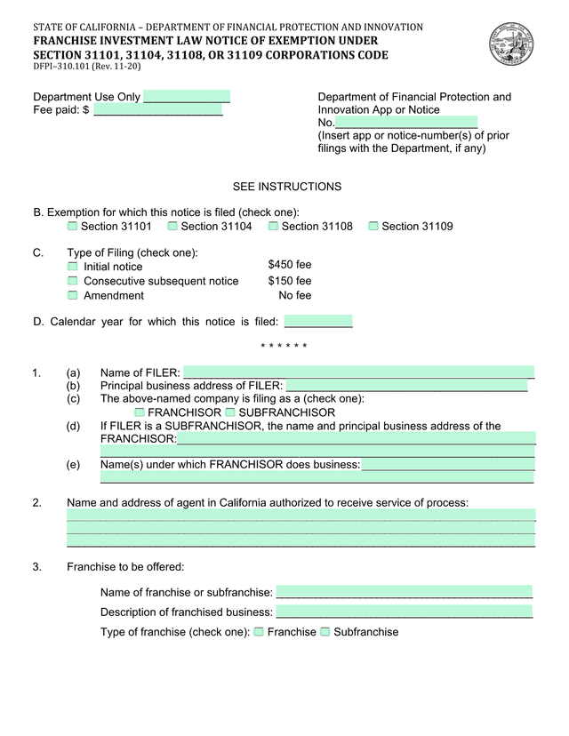 Franchise Investment Law Notice Of Exemption screenshot