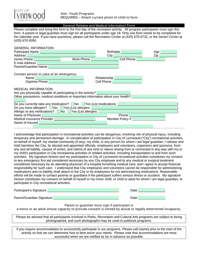 General Release And Medical Information Form screenshot