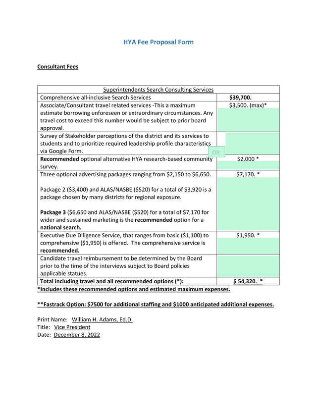HYA Fee Proposal Form screenshot