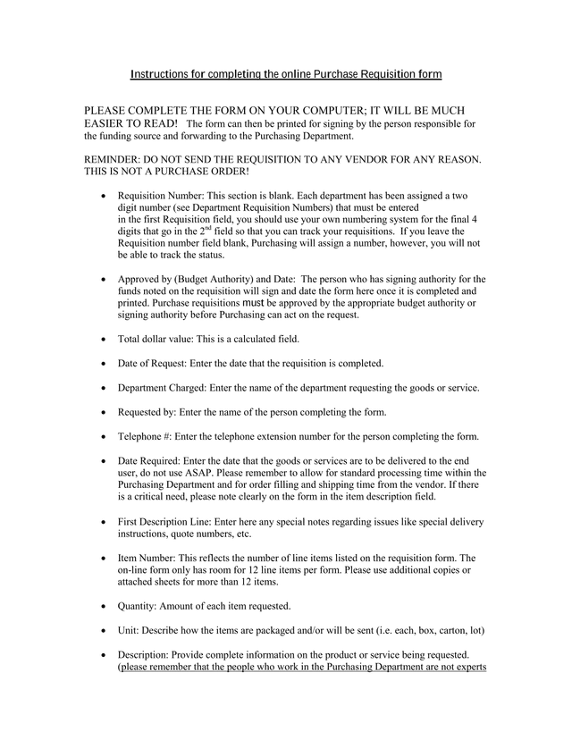 Instructions For Completing The Online Purchase Requisition Form screenshot