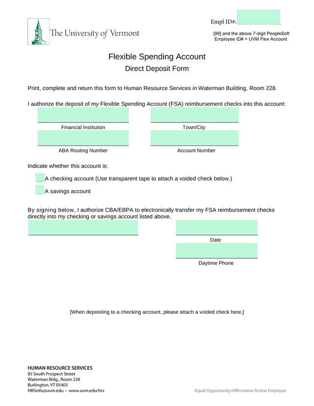 Flexible Spending Account Direct Deposit Form screenshot