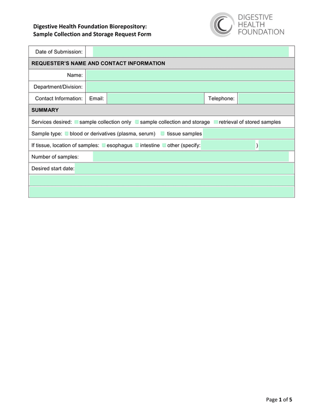 Digestive Health Foundation Biorepository Sample Collection And Storage Request Form screenshot