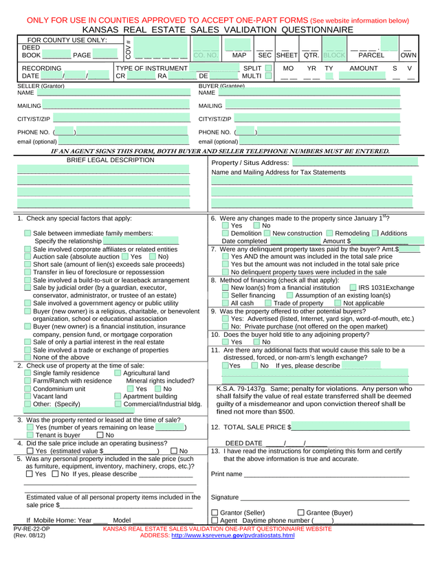 Kansas Real Estate Sales Validation Questionnaire screenshot