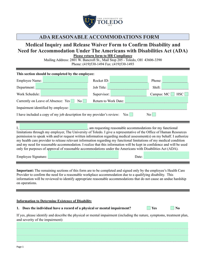 ADA Reasonable Accommodations Form screenshot