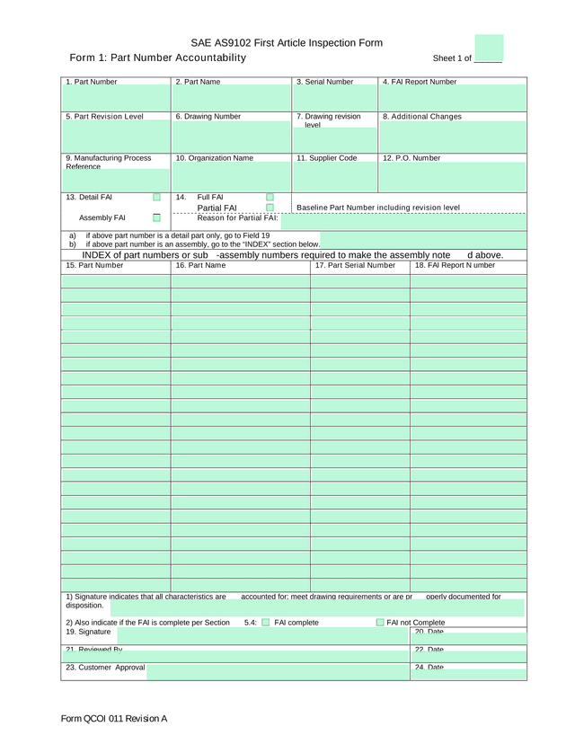 SAE AS9102 First Article Inspection Form screenshot