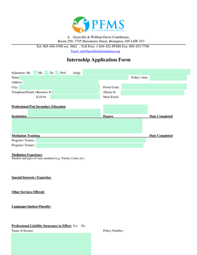 Internship Application Form screenshot