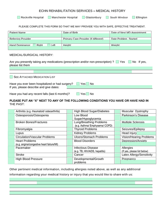 ECHN REHABILITATION SERVICES  MEDICAL HISTORY screenshot