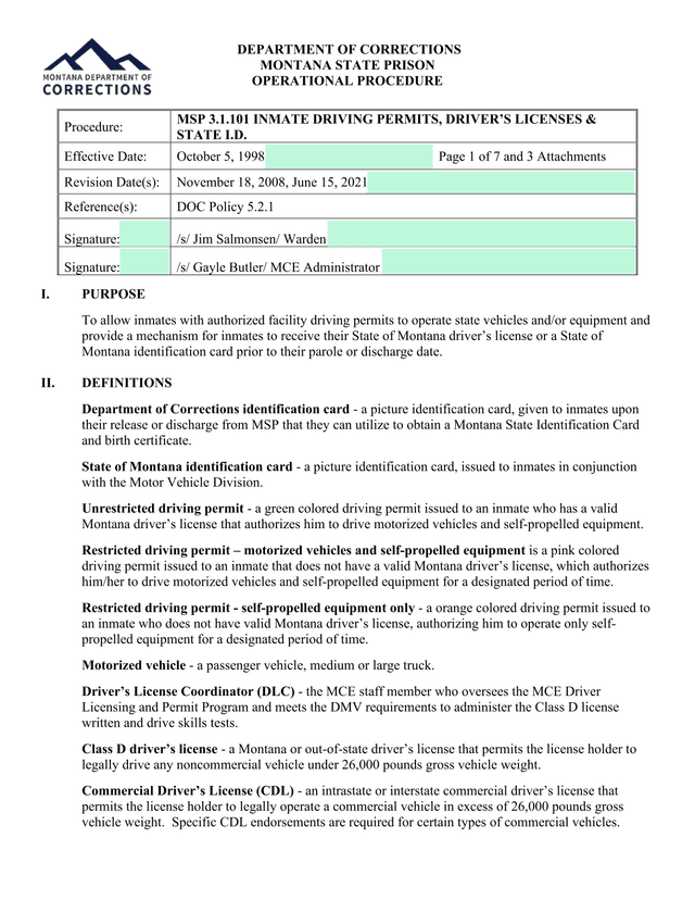 MSP 3.1.101 INMATE DRIVING PERMITS, DRIVERS LICENSES  STATE I.D. screenshot