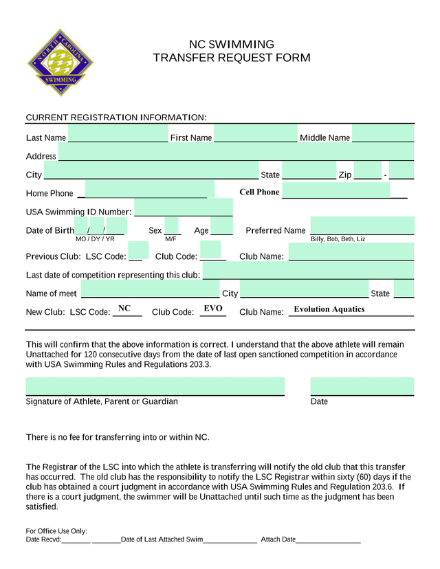 NC SWIMMING TRANSFER REQUEST FORM screenshot