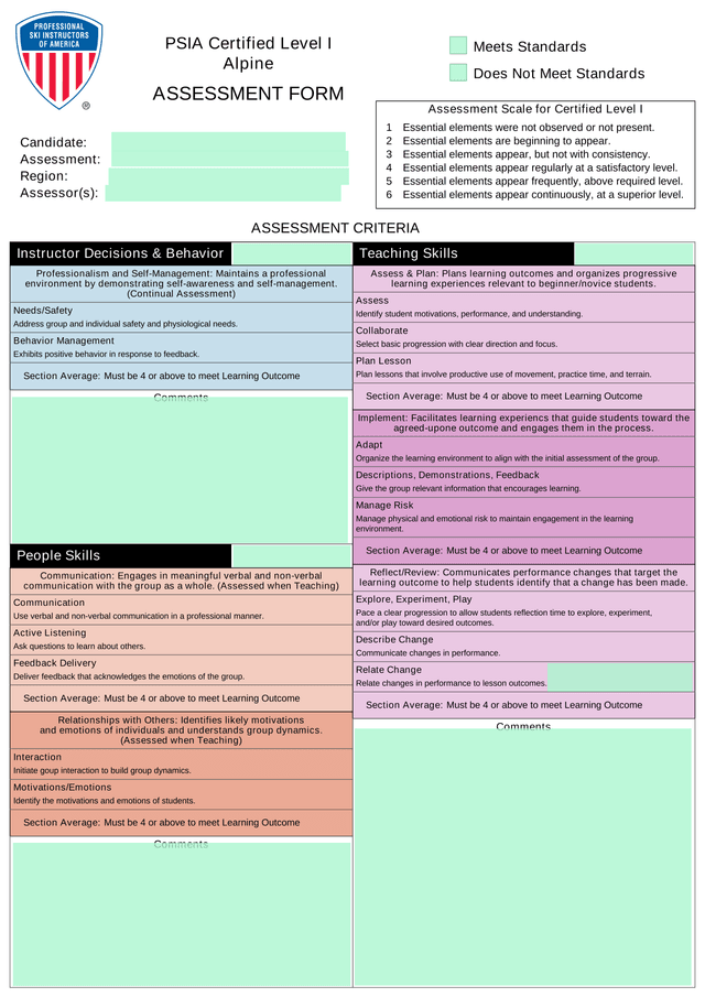 PSIA Certified Level I Alpine ASSESSMENT FORM screenshot