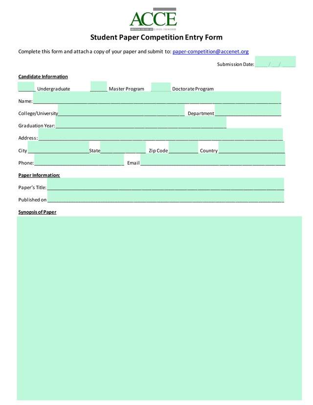 Student Paper Competition Entry Form screenshot