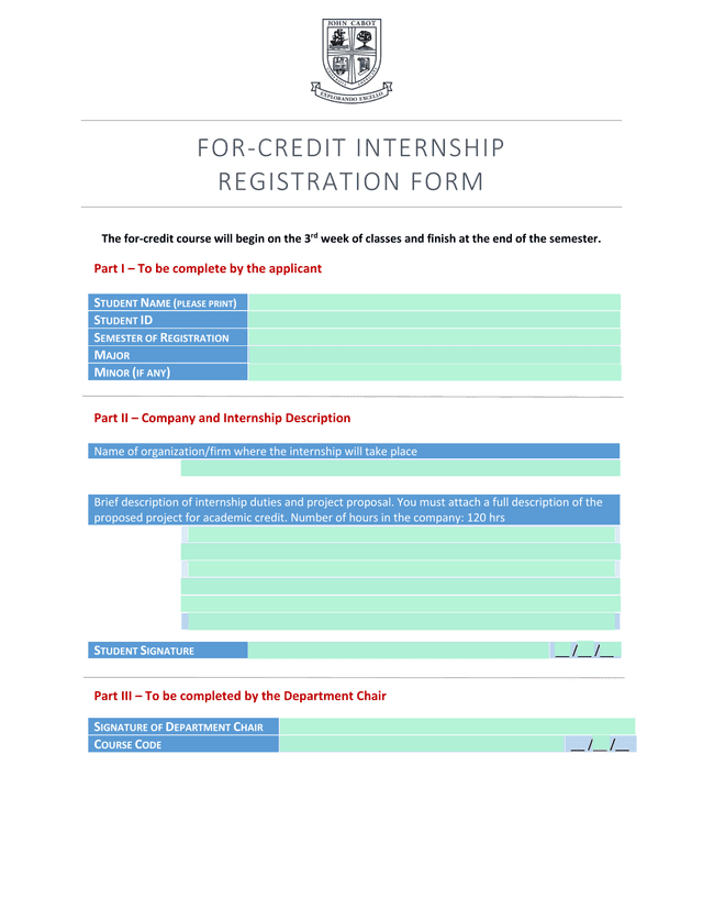 FOR CREDIT INTERNSHIP REGISTRATION FORM screenshot