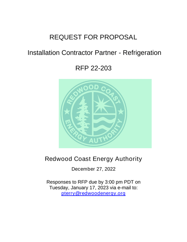 REQUEST FOR PROPOSAL   Installation Contractor Partner   Refrigeration (RFP 22 203) screenshot