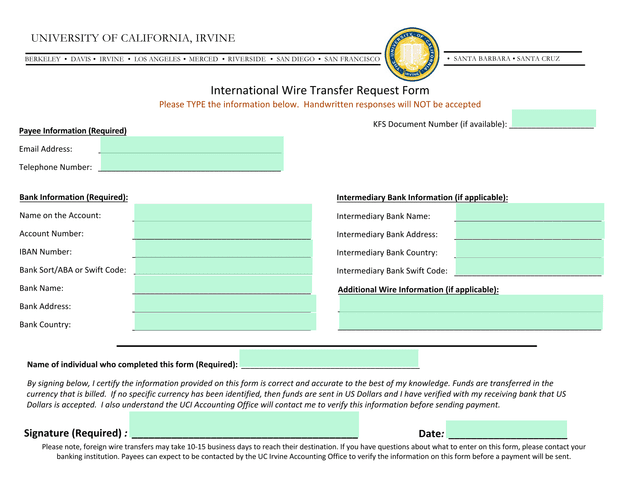 International Wire Transfer Request Form screenshot