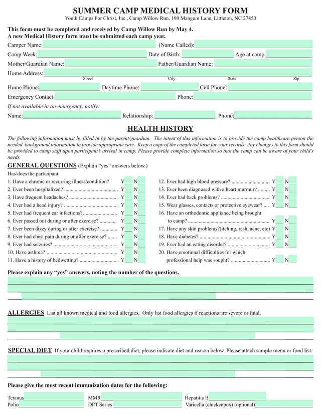 SUMMER CAMP MEDICAL HISTORY FORM screenshot
