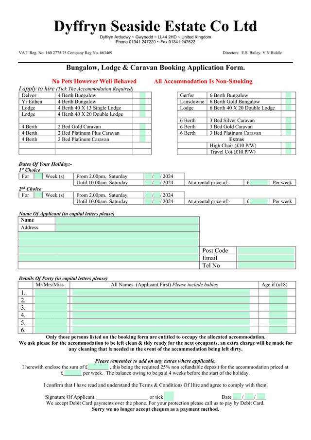 Bungalow, Lodge  Caravan Booking Application Form screenshot