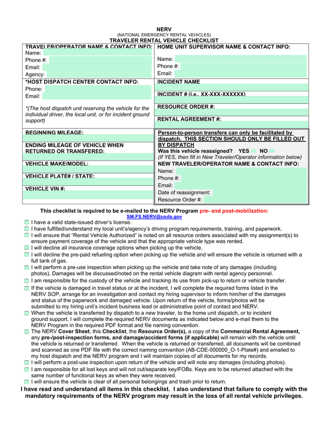 NERV Traveler Rental Vehicle Checklist screenshot