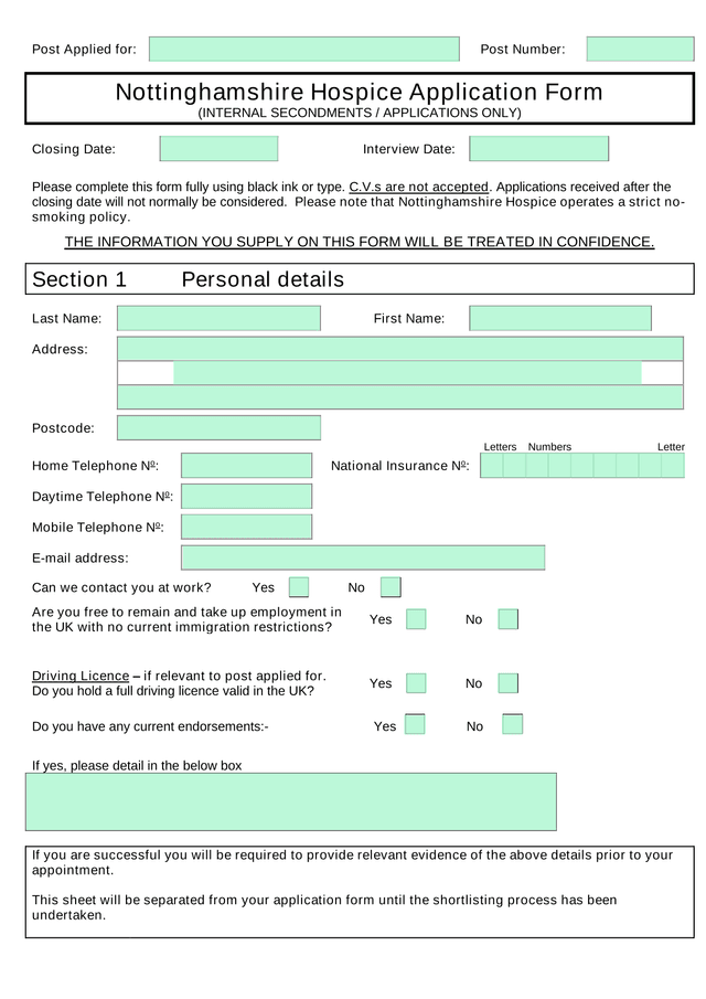 Nottinghamshire Hospice Application Form screenshot