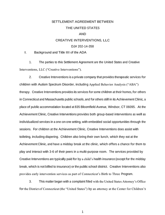 Settlement Agreement Between The United States And Creative Interventions, LLC screenshot