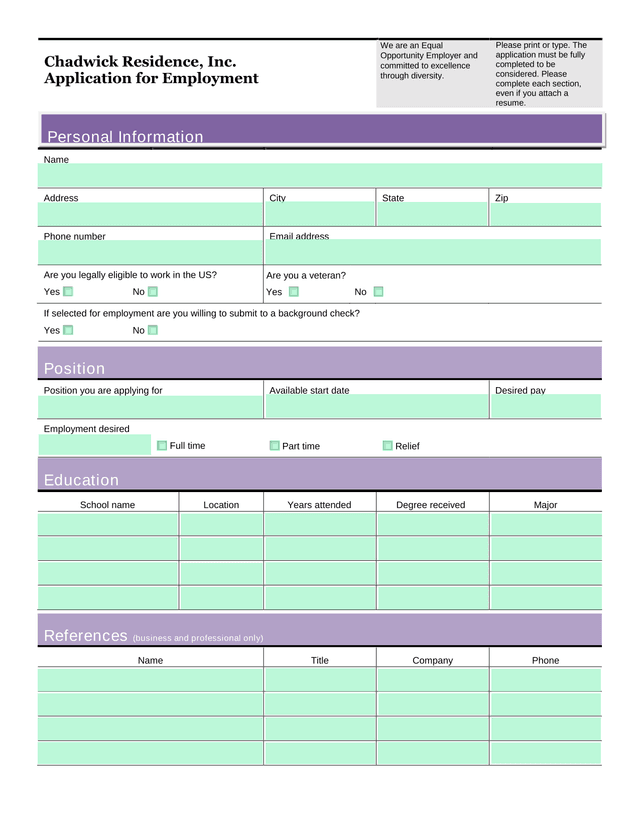 Chadwick Residence, Inc. Application For Employment screenshot