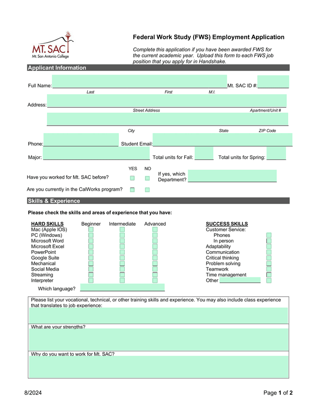 Federal Work Study (FWS) Employment Application screenshot