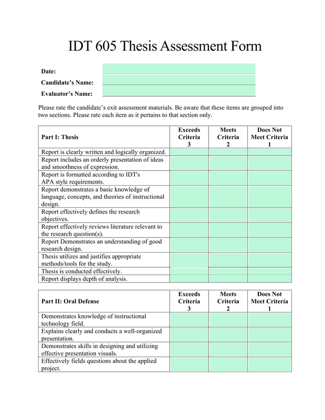 IDT 605 Thesis Assessment Form screenshot