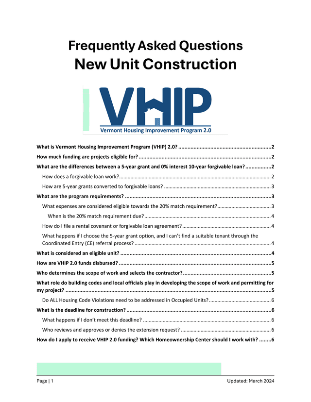 Vermont Housing Improvement Program (VHIP) 2.0 Frequently Asked Questions screenshot