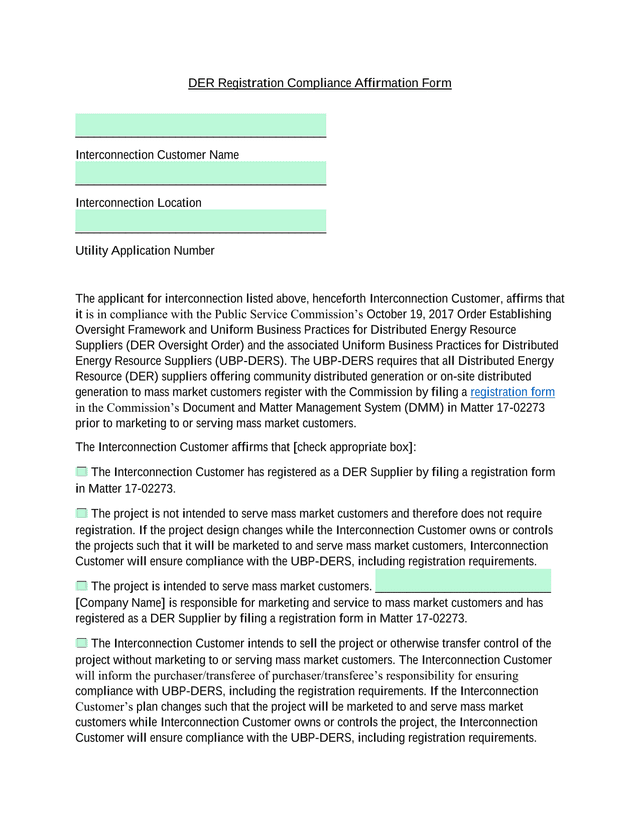 DER Registration Compliance Affirmation Form screenshot