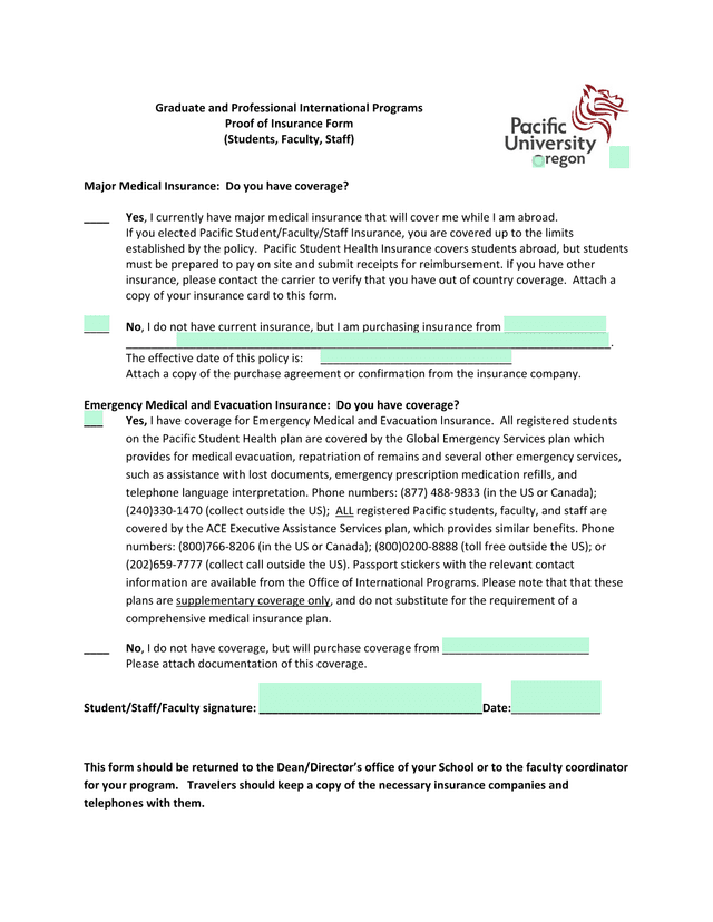 Proof Of Insurance Form screenshot