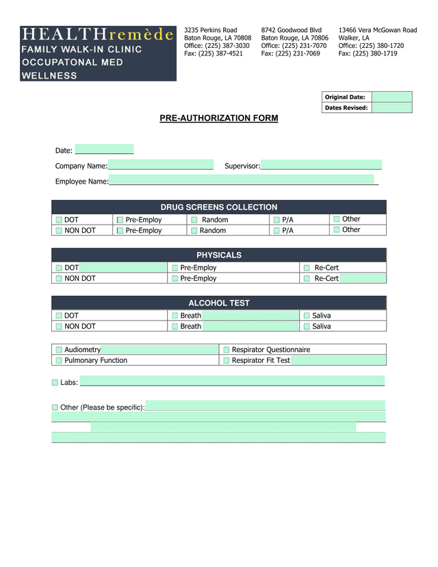 PRE AUTHORIZATION FORM screenshot