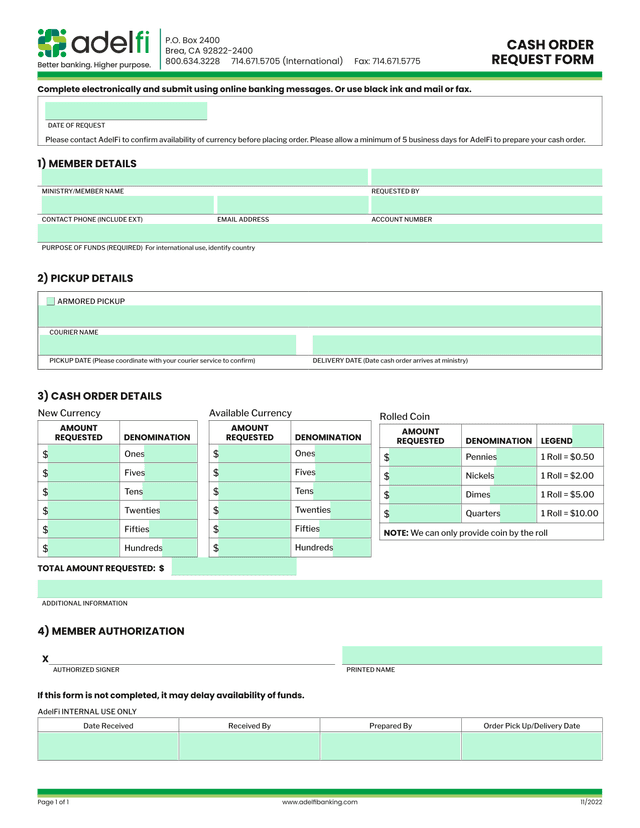 CASH ORDER REQUEST FORM screenshot