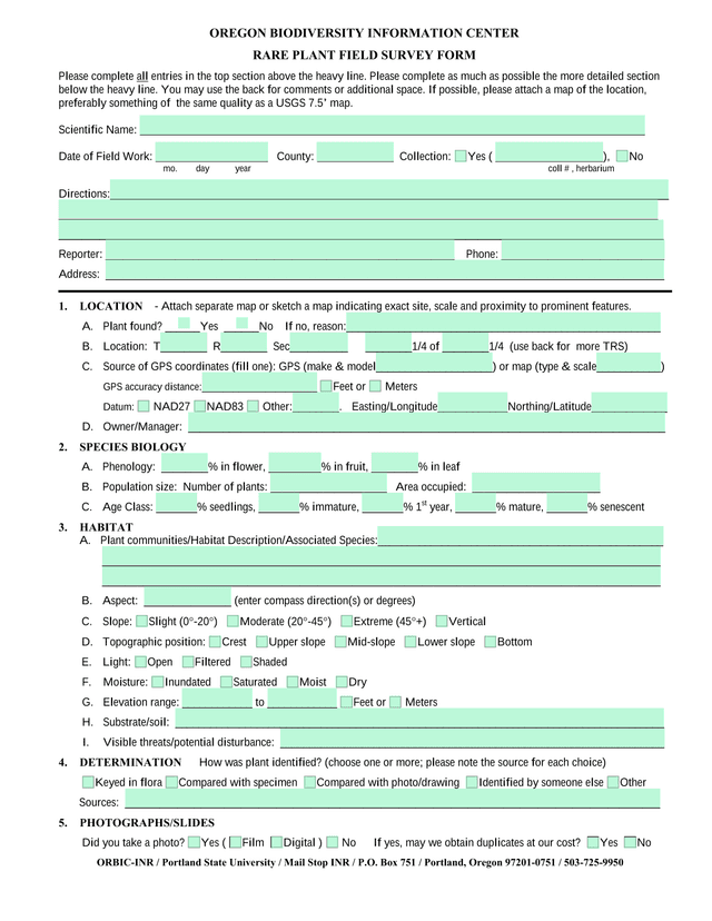 Rare Plant Field Survey Form screenshot
