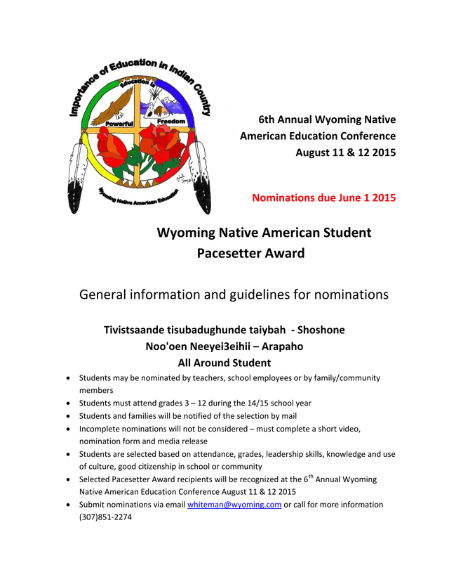 Wyoming Native American Student Pacesetter Award Nomination Form screenshot