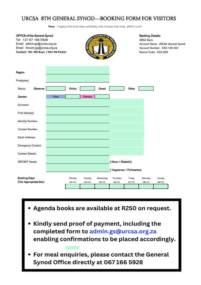 URCSA 8th General SynodBooking Form For Visitors screenshot