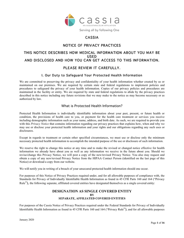 CASSIA Notice Of Privacy Practices screenshot