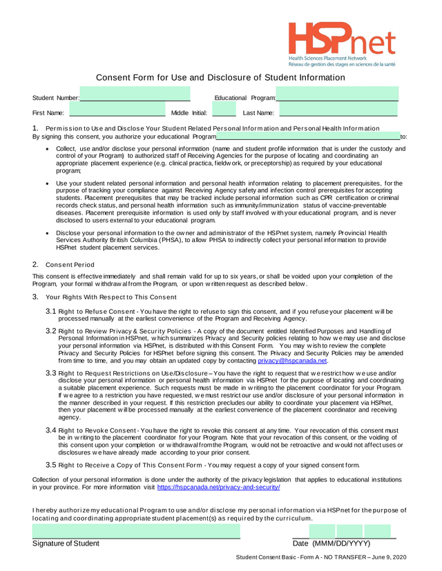 Consent Form For Use And Disclosure Of Student Information screenshot