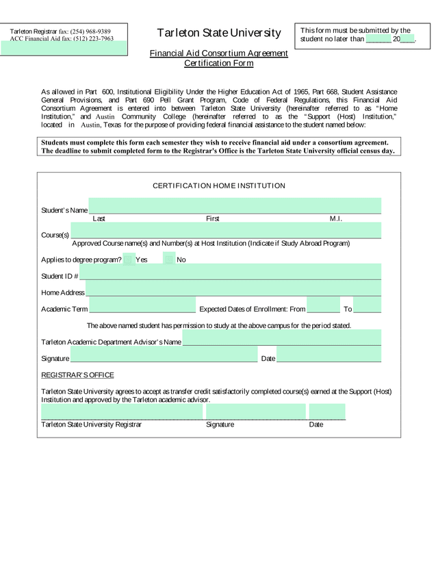 Financial Aid Consortium Agreement Certification Form screenshot